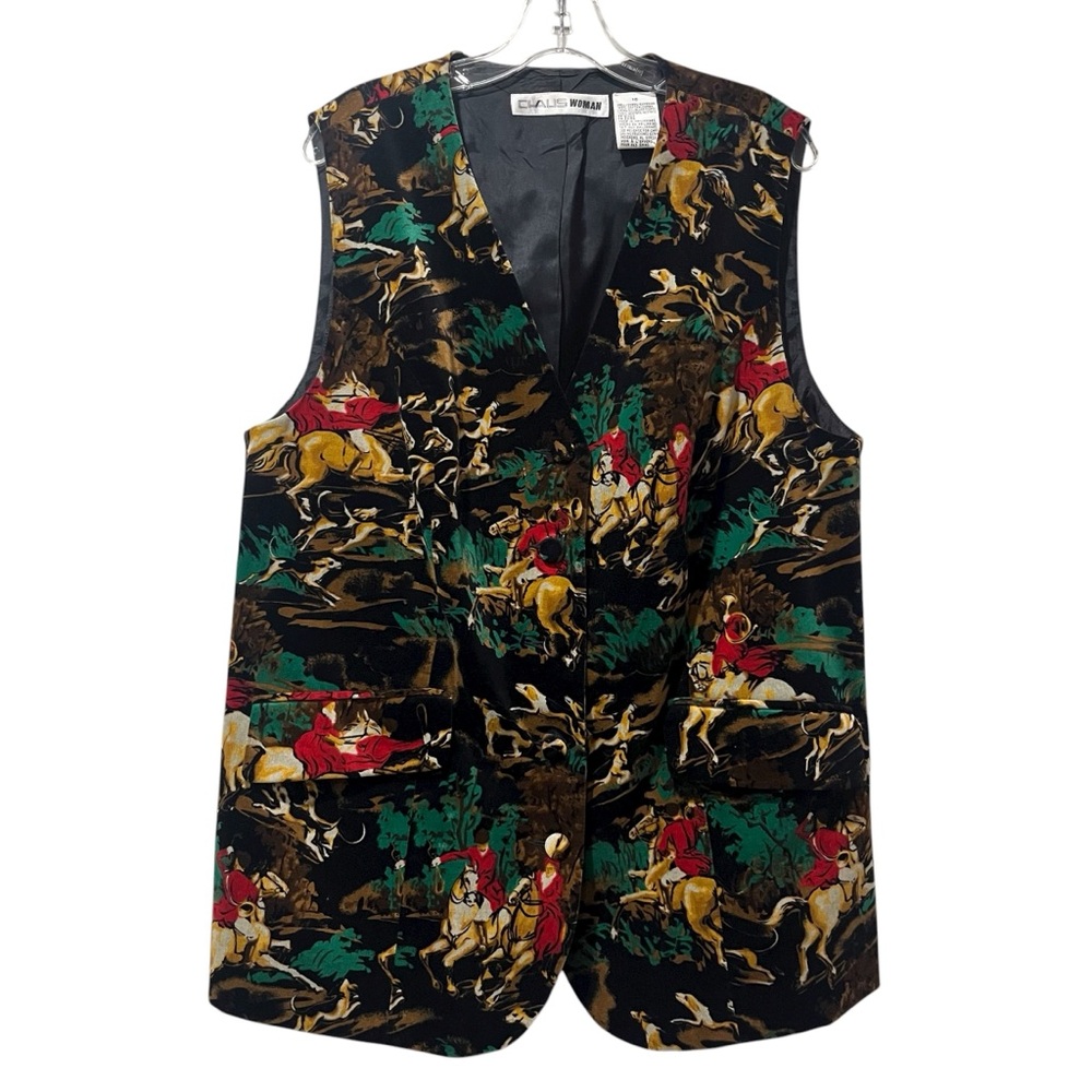 Vtg Chaus Woman Velvet Vest Sz 16 Hunting Scene Dogs Horses Hunters Cotton RARE